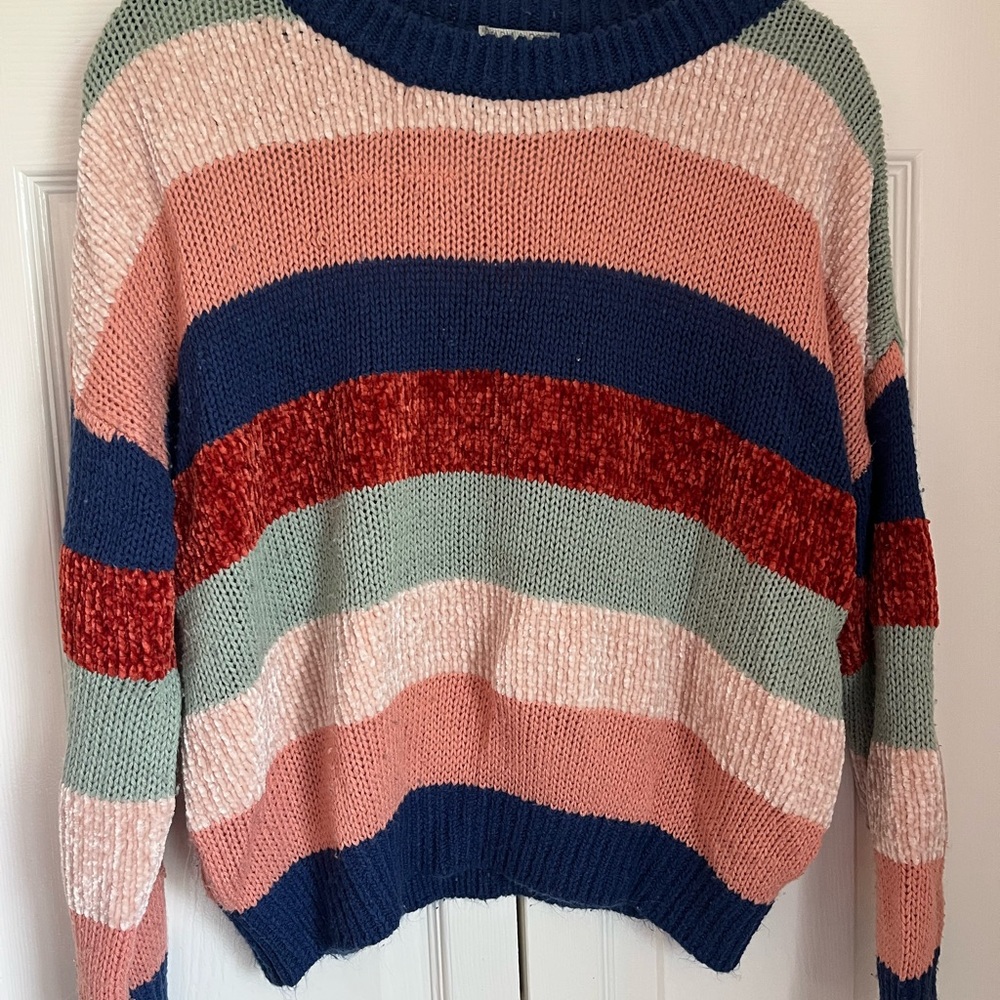 Pink and Blue Crew Neck Striped Sweater